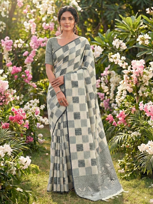 Sutriti Women Off-White & Blue Checkered Linen Blend Saree with Floral Pallu