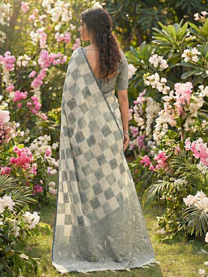 Sutriti Women Off-White & Blue Checkered Linen Blend Saree with Floral Pallu