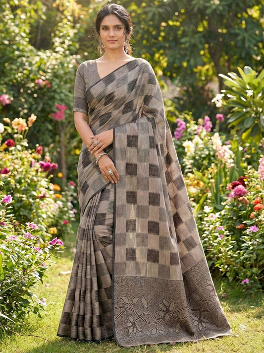 Sutriti Women Taupe & Black Checkered Linen Blend Saree with Floral Pallu