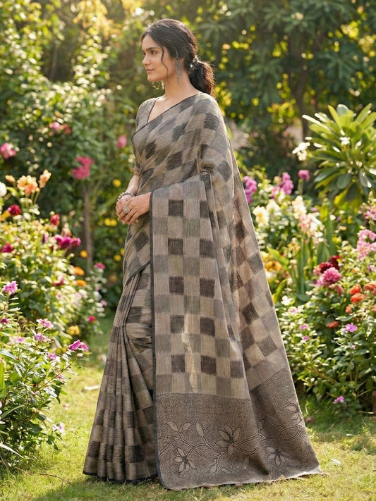 Sutriti Women Taupe & Black Checkered Linen Blend Saree with Floral Pallu