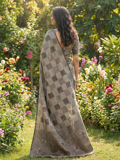 Sutriti Women Taupe & Black Checkered Linen Blend Saree with Floral Pallu