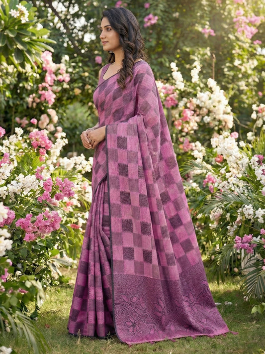 Sutriti Women Blue & Pink Checkered Linen Blend Saree with Floral Pallu
