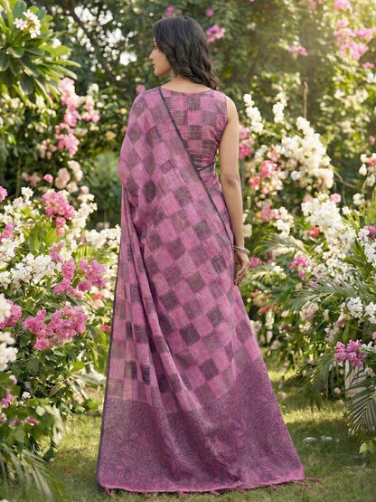 Sutriti Women Blue & Pink Checkered Linen Blend Saree with Floral Pallu
