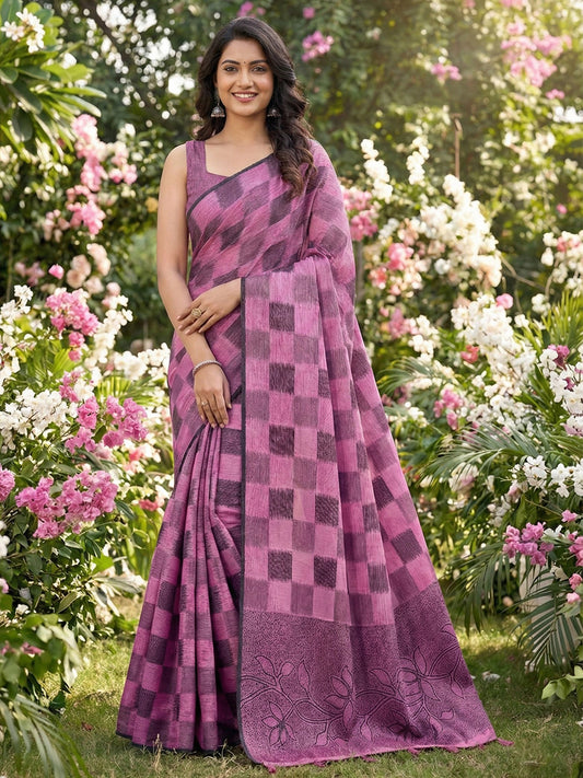 Sutriti Women Blue & Pink Checkered Linen Blend Saree with Floral Pallu