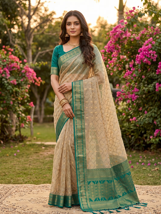 Sutriti Elegant Linen Saree with Rama Green Border - Premium Festive & Wedding Wear for Women