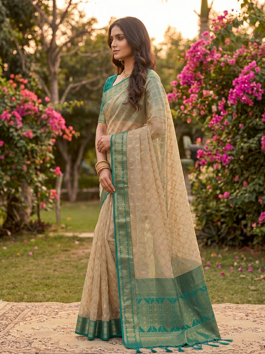 Sutriti Elegant Linen Saree with Rama Green Border - Premium Festive & Wedding Wear for Women