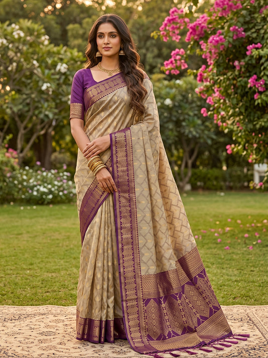 Sutriti Elegant Linen Saree with Purple Border - Premium Festive & Wedding Wear for Women