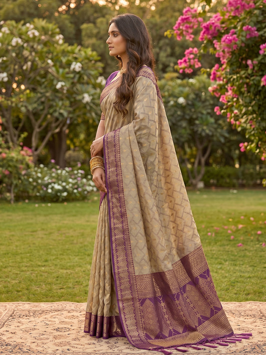 Sutriti Elegant Linen Saree with Purple Border - Premium Festive & Wedding Wear for Women
