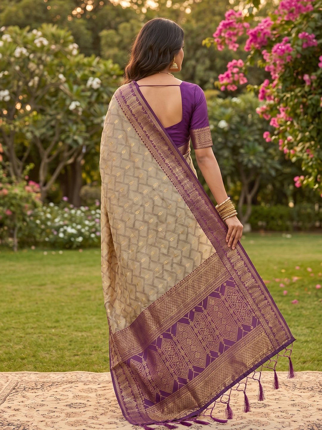 Sutriti Elegant Linen Saree with Purple Border - Premium Festive & Wedding Wear for Women