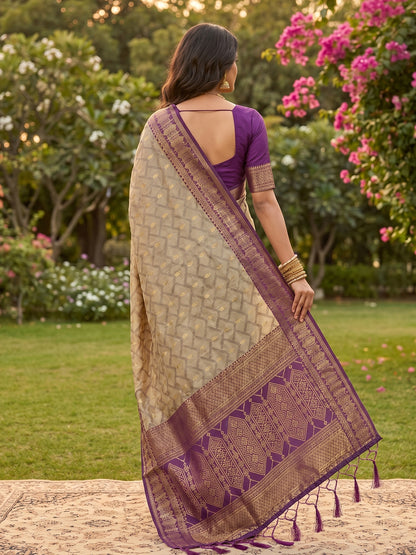 Sutriti Elegant Linen Saree with Purple Border - Premium Festive & Wedding Wear for Women