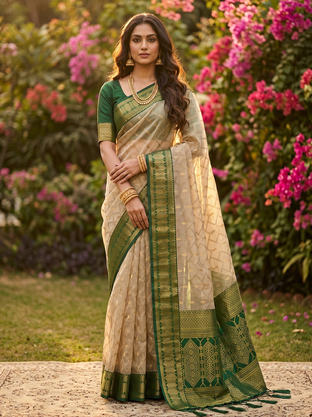 Sutriti Elegant Linen Saree with Dark Green Border - Premium Festive & Wedding Wear for Women