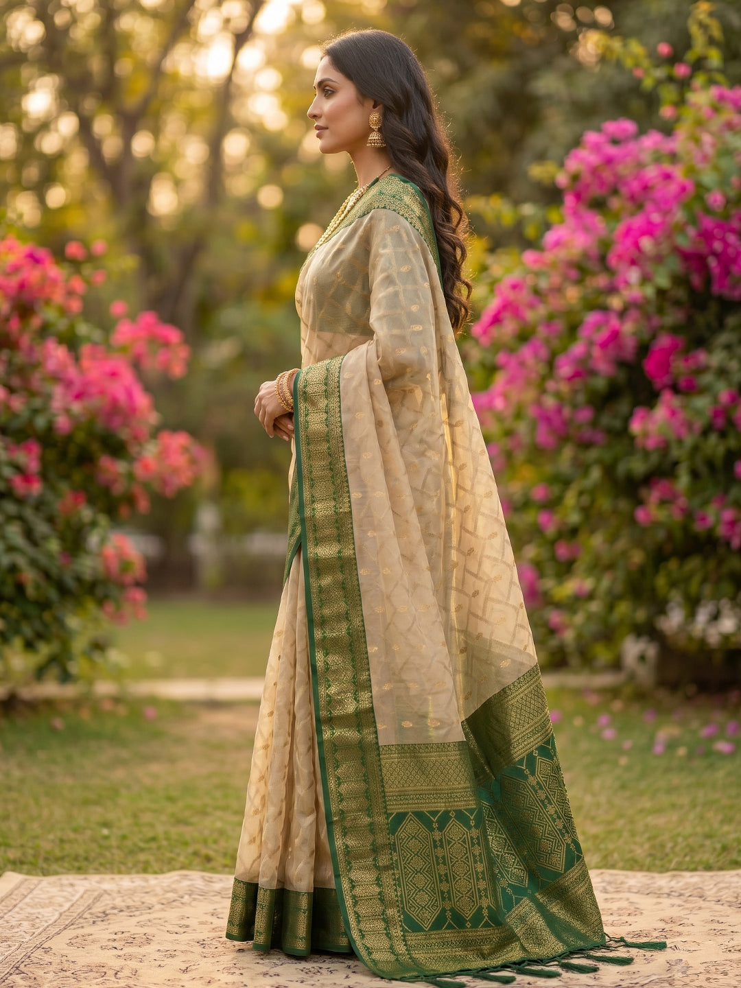 Sutriti Elegant Linen Saree with Dark Green Border - Premium Festive & Wedding Wear for Women