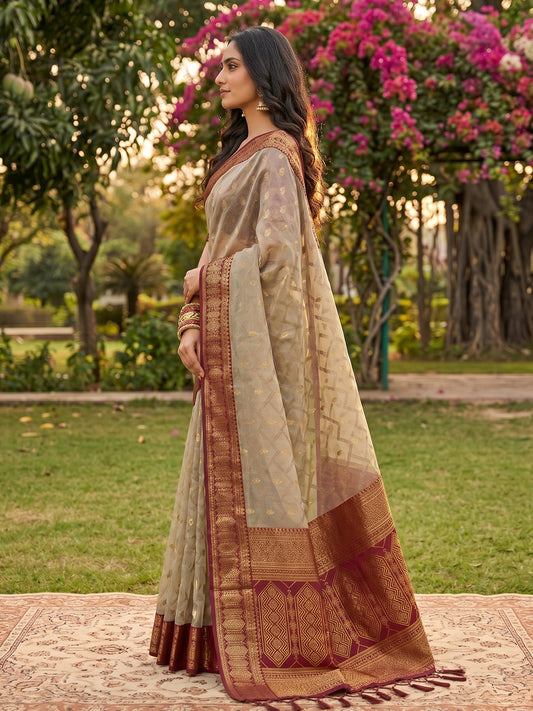 Sutriti Elegant Linen Saree with Maroon Border - Premium Festive & Wedding Wear for Women