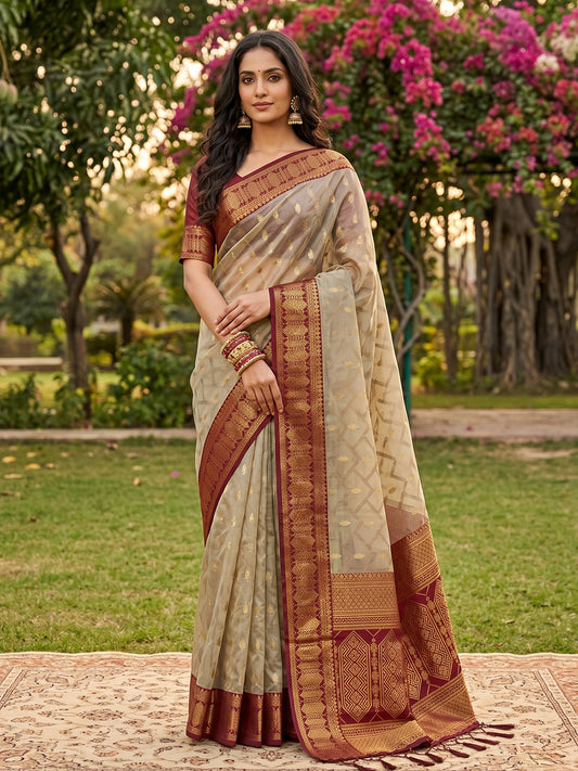 Sutriti Elegant Linen Saree with Maroon Border - Premium Festive & Wedding Wear for Women