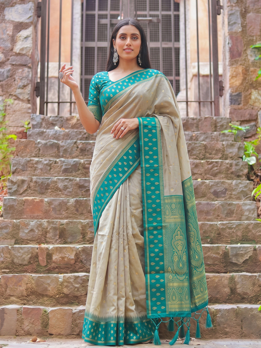 Sutriti Beige & Teal Green Premium Cotton Saree For Women | Festive, Party & Ethnic Wear