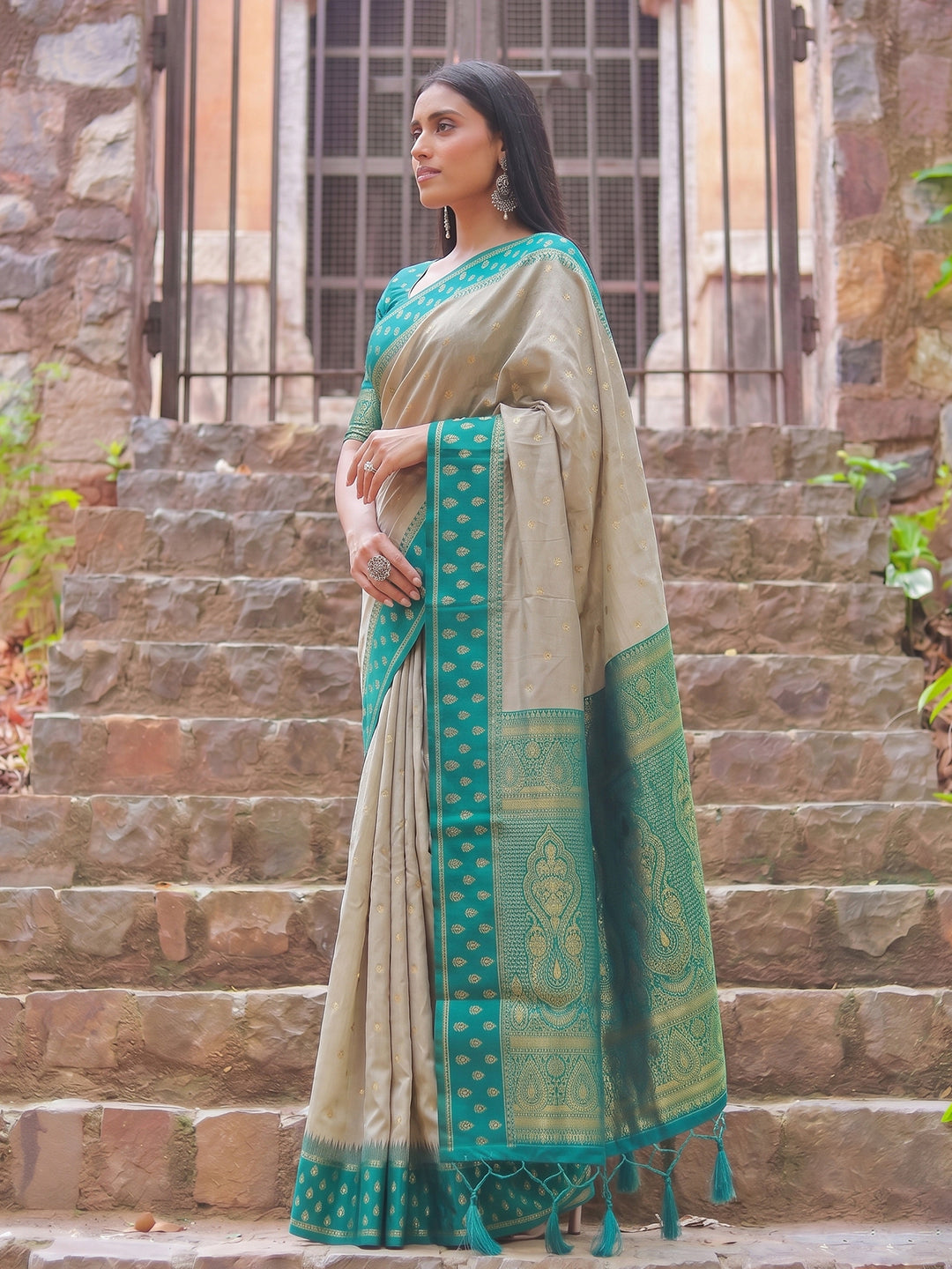 Sutriti Beige & Teal Green Premium Cotton Saree For Women | Festive, Party & Ethnic Wear