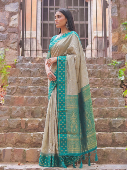 Sutriti Beige & Teal Green Premium Cotton Saree For Women | Festive, Party & Ethnic Wear