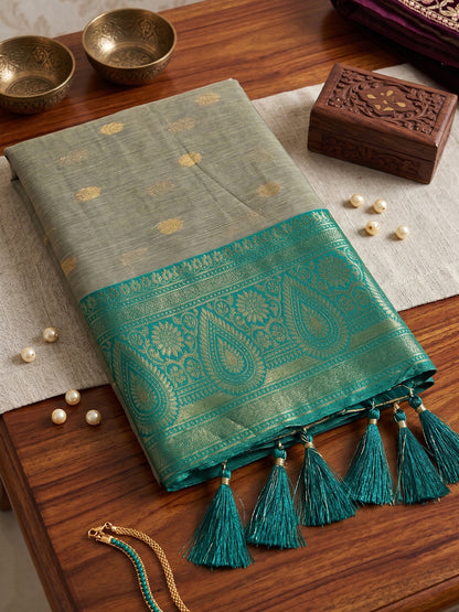 Sutriti Beige & Teal Green Premium Cotton Saree For Women | Festive, Party & Ethnic Wear