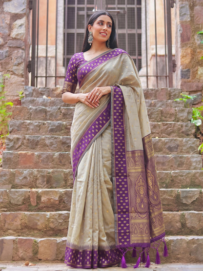 Sutriti Beige & Purple Premium Cotton Saree For Women | Festive, Party & Ethnic Wear
