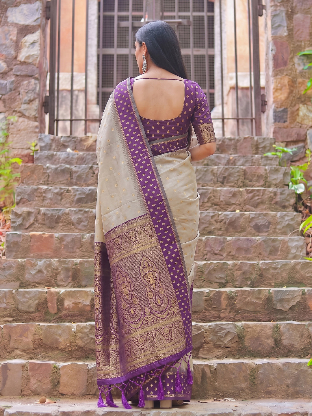 Sutriti Beige & Purple Premium Cotton Saree For Women | Festive, Party & Ethnic Wear