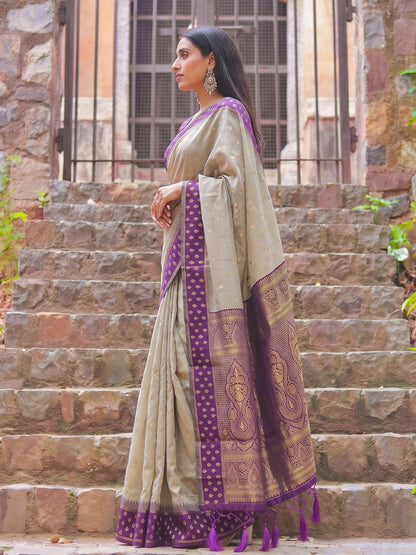 Sutriti Beige & Purple Premium Cotton Saree For Women | Festive, Party & Ethnic Wear