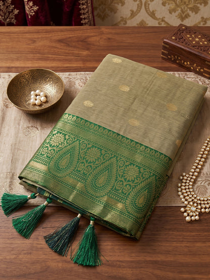 Sutriti Beige & Olive Green Premium Cotton Saree For Women | Festive, Party & Ethnic Wear