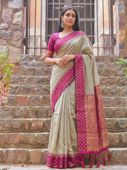 Sutriti Beige & Rani Pink Premium Cotton Saree For Women | Festive, Party & Ethnic Wear