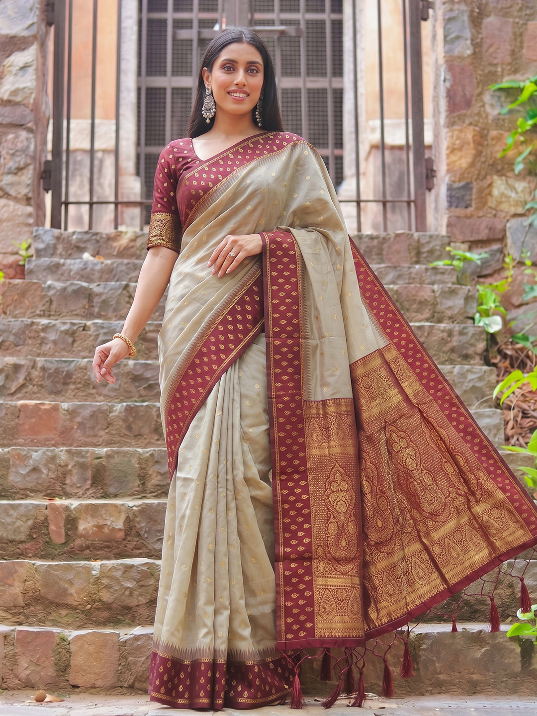 Sutriti Beige & Maroon Premium Cotton Saree For Women | Festive, Party & Ethnic Wear
