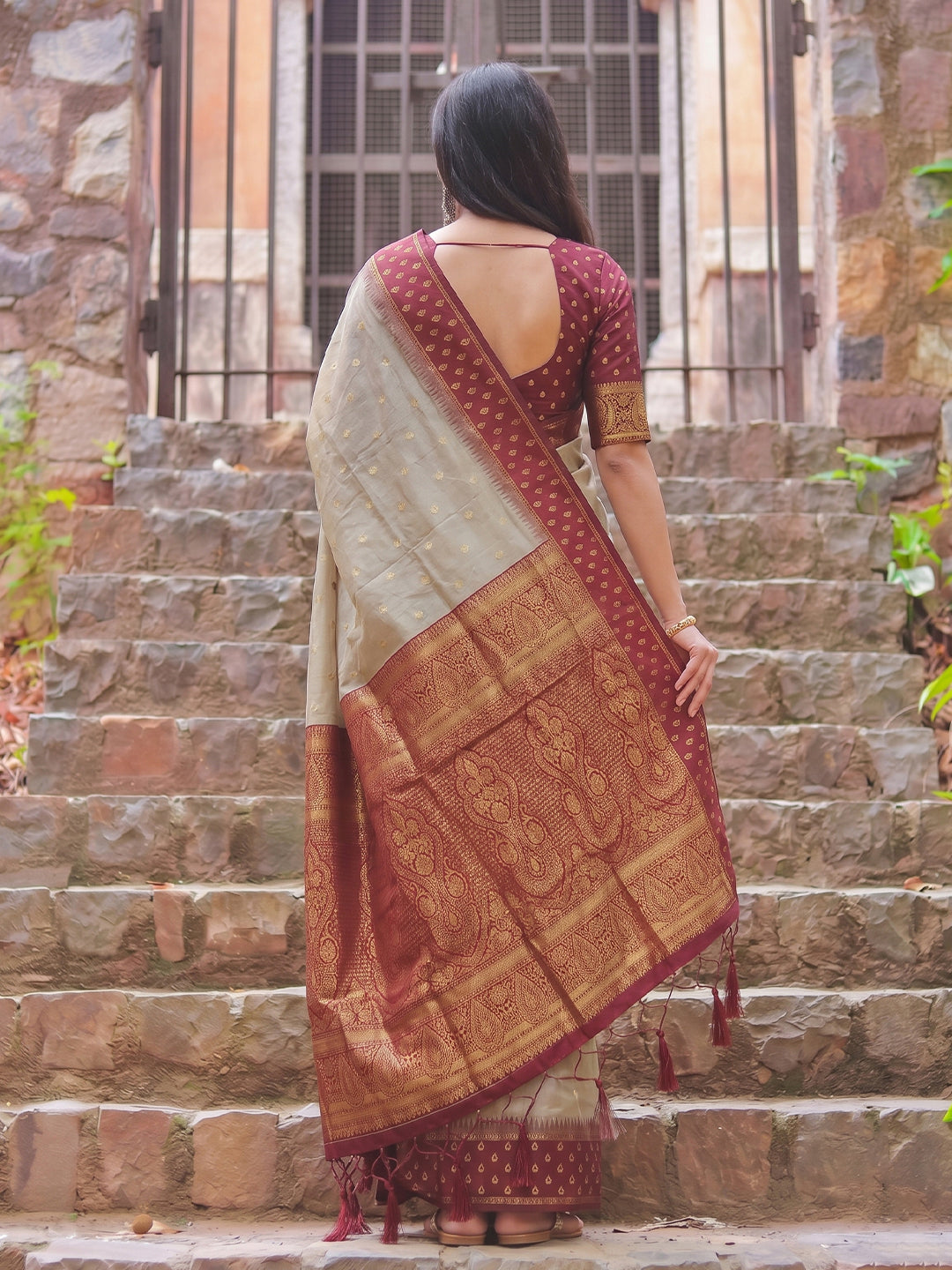 Sutriti Beige & Maroon Premium Cotton Saree For Women | Festive, Party & Ethnic Wear