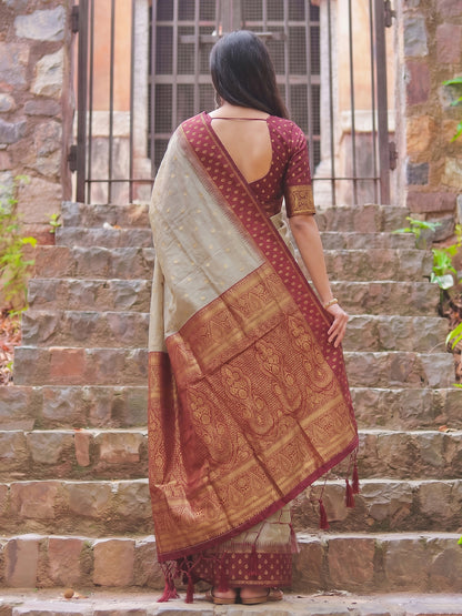 Sutriti Beige & Maroon Premium Cotton Saree For Women | Festive, Party & Ethnic Wear
