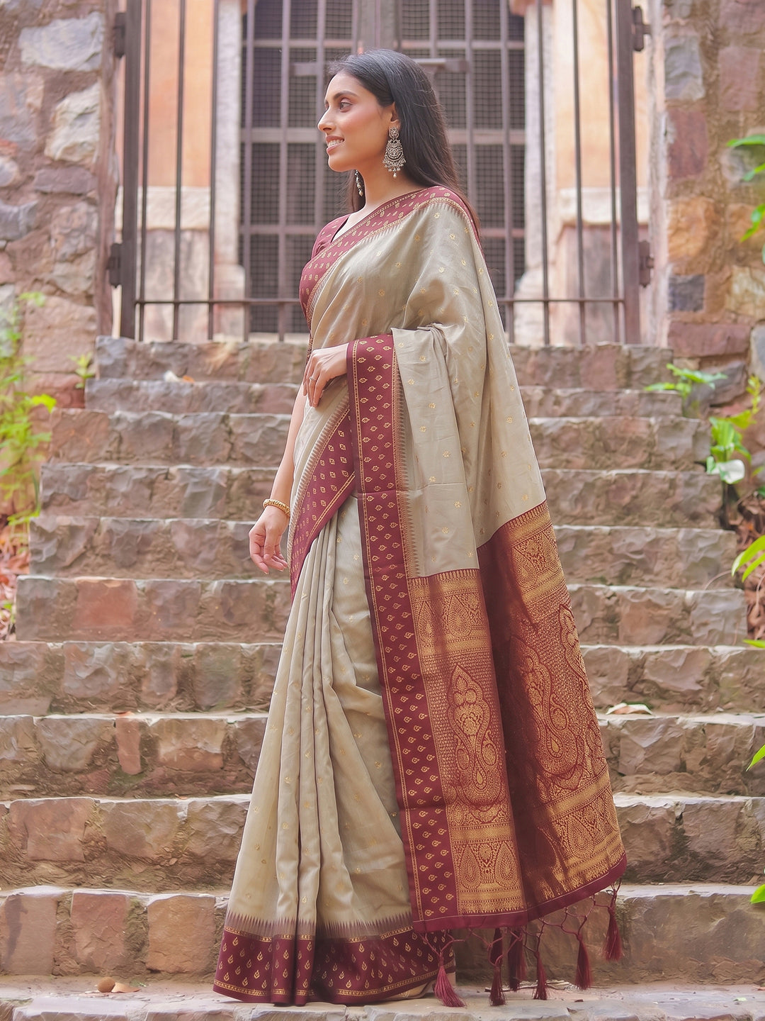 Sutriti Beige & Maroon Premium Cotton Saree For Women | Festive, Party & Ethnic Wear