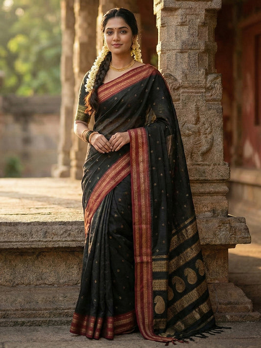 Black woven zari border silk blend saree for women with butti design and blouse piece