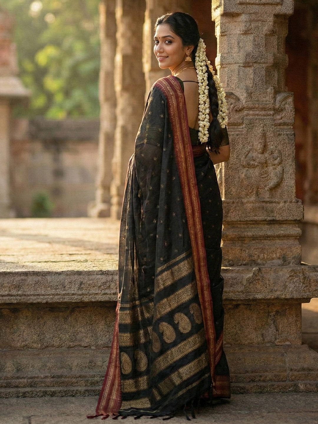 Black woven zari border silk blend saree for women with butti design and blouse piece
