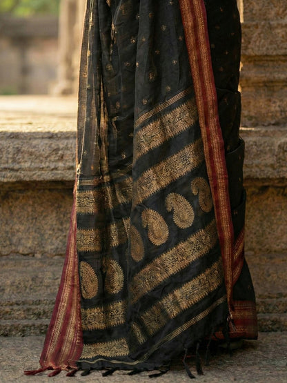 Black woven zari border silk blend saree for women with butti design and blouse piece