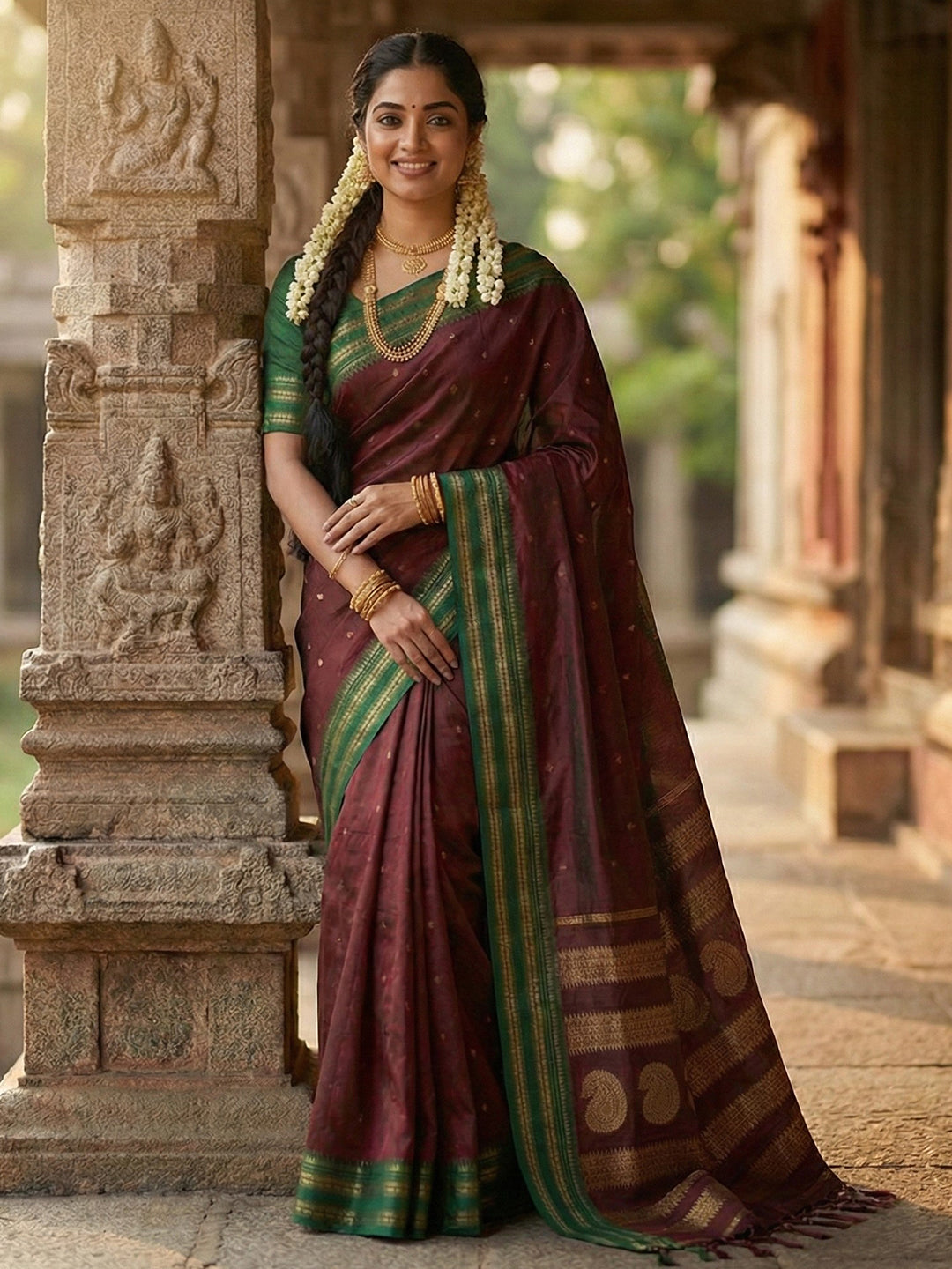 Maroon woven zari border silk blend saree for women with butti design and blouse piece
