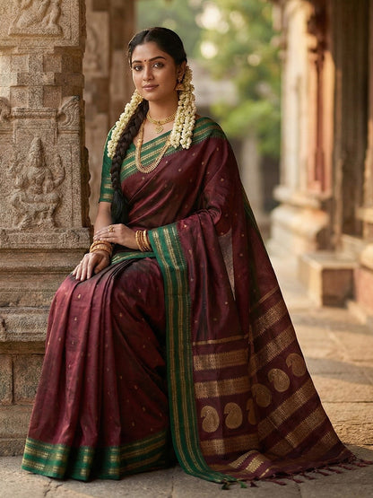 Maroon woven zari border silk blend saree for women with butti design and blouse piece