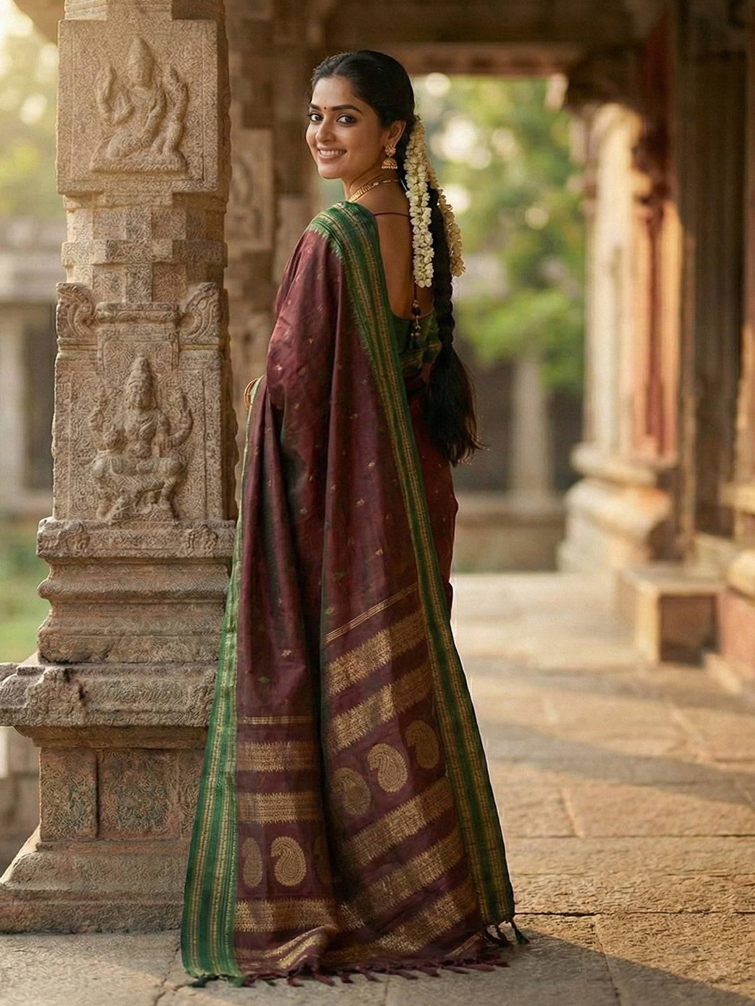 Maroon woven zari border silk blend saree for women with butti design and blouse piece