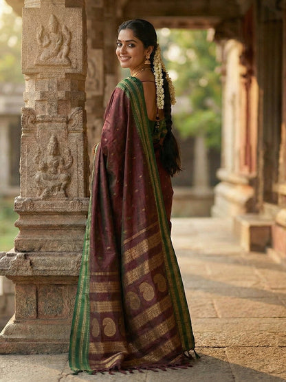 Maroon woven zari border silk blend saree for women with butti design and blouse piece