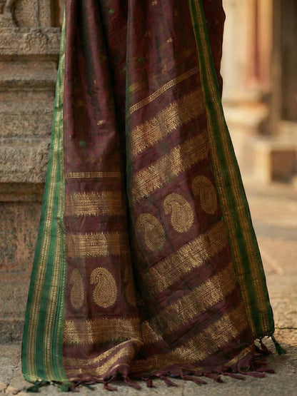 Maroon woven zari border silk blend saree for women with butti design and blouse piece