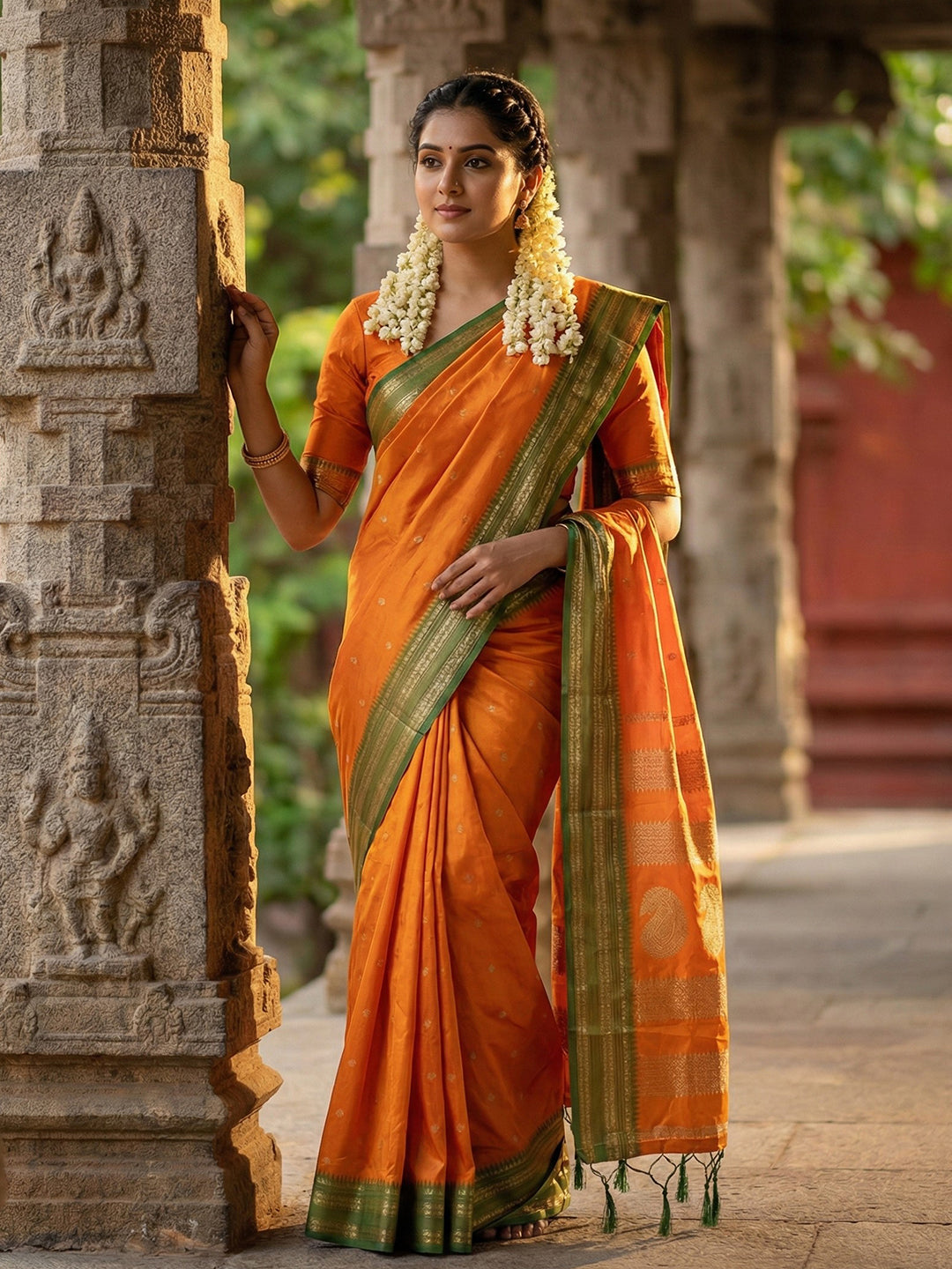 Orange woven zari border silk blend saree for women with butti design and blouse piece