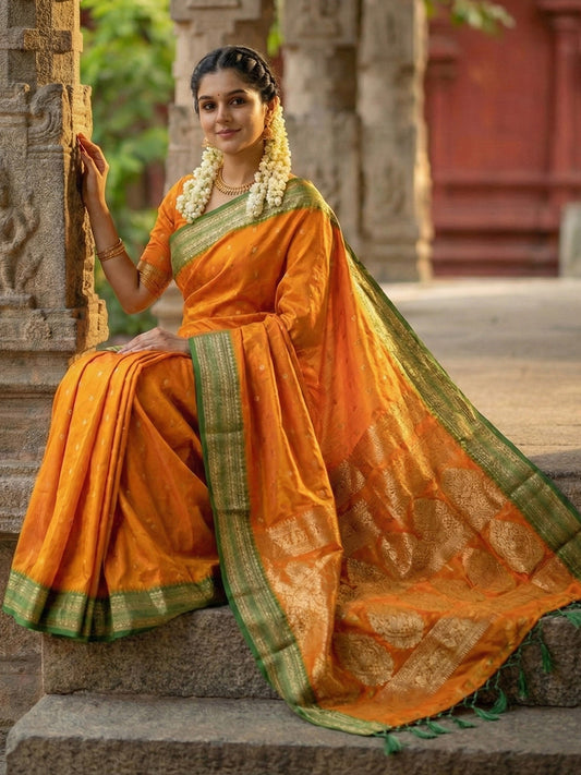 Orange woven zari border silk blend saree for women with butti design and blouse piece