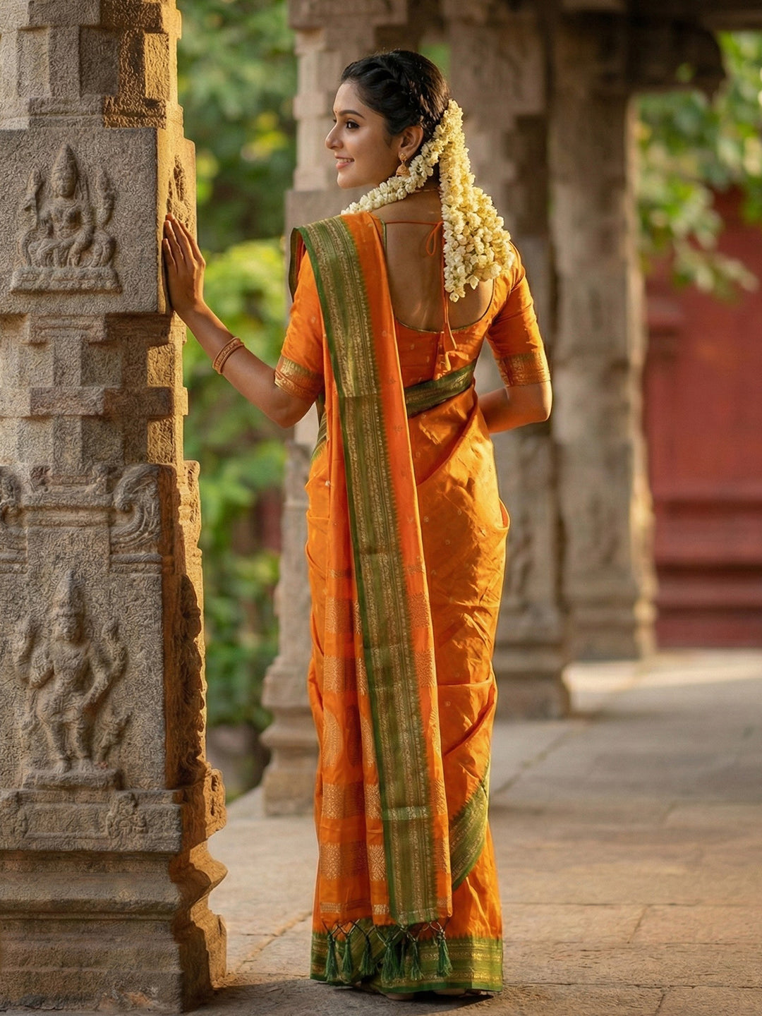 Orange woven zari border silk blend saree for women with butti design and blouse piece