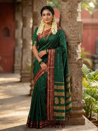 Bottle green woven zari border silk blend saree for women with butti design and blouse piece