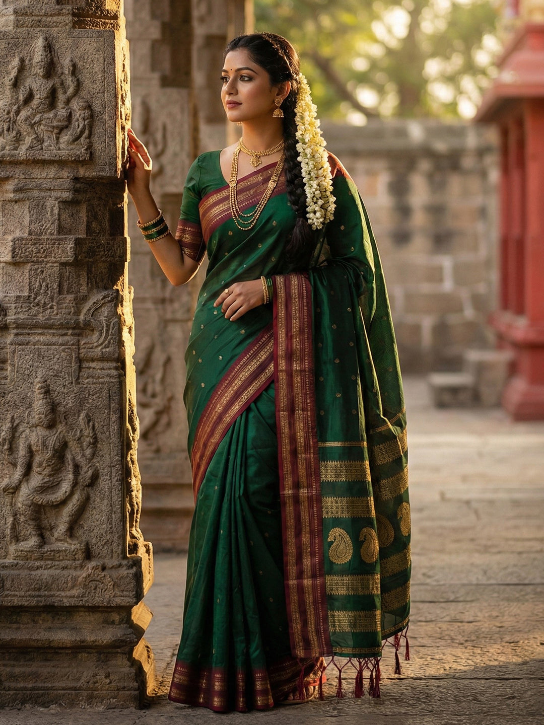 Bottle green woven zari border silk blend saree for women with butti design and blouse piece 