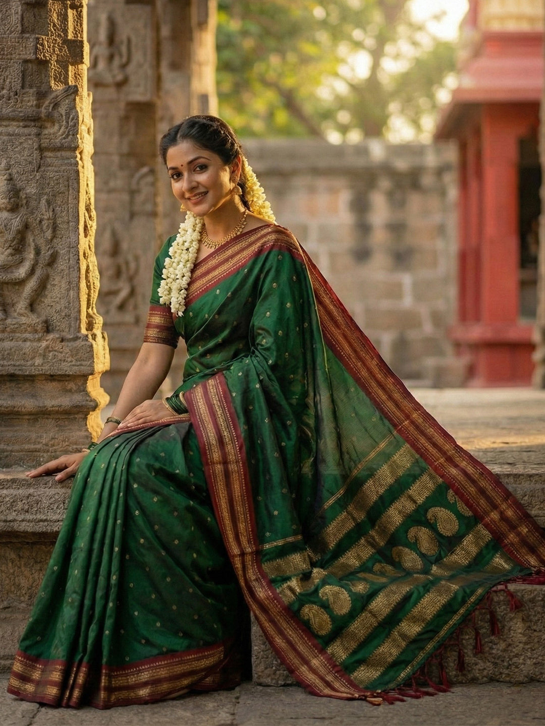 Bottle green woven zari border silk blend saree for women with butti design and blouse piece