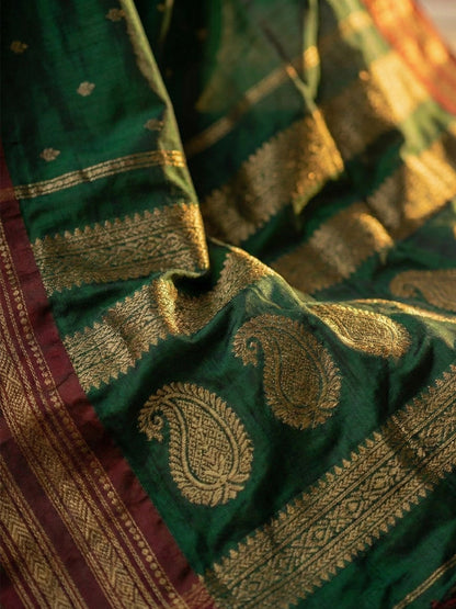 Bottle green woven zari border silk blend saree for women with butti design and blouse piece