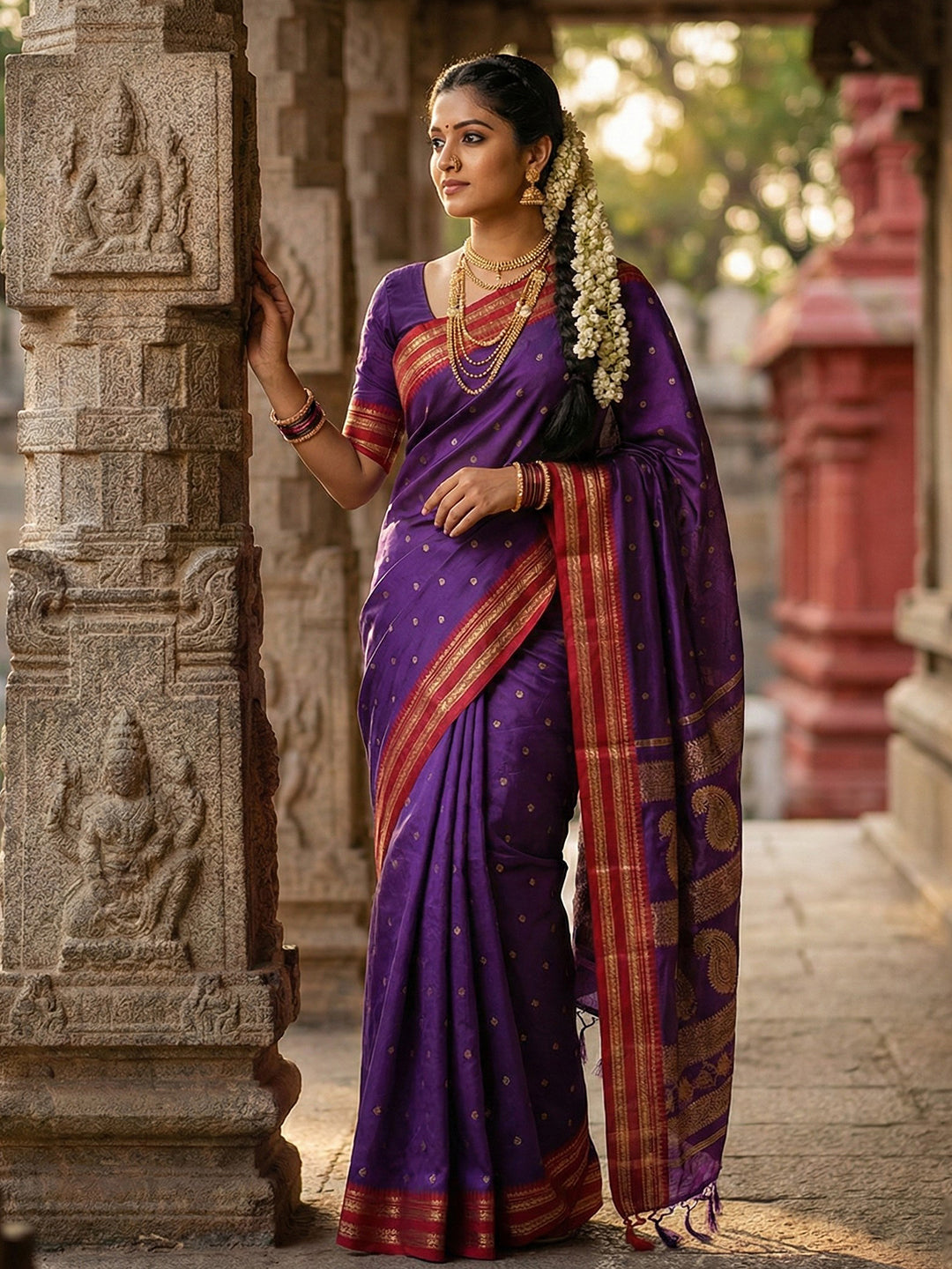 Purple woven zari border silk blend saree for women with butti design and blouse piece maroon border