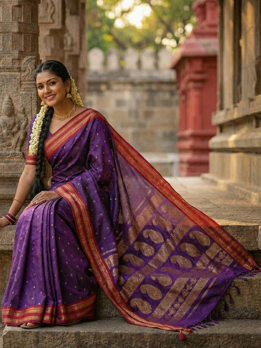 Purple woven zari border silk blend saree for women with butti design and blouse piece maroon border