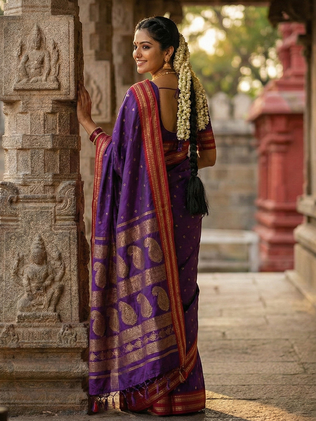Purple woven zari border silk blend saree for women with butti design and blouse piece maroon border