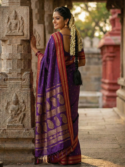 Purple woven zari border silk blend saree for women with butti design and blouse piece maroon border